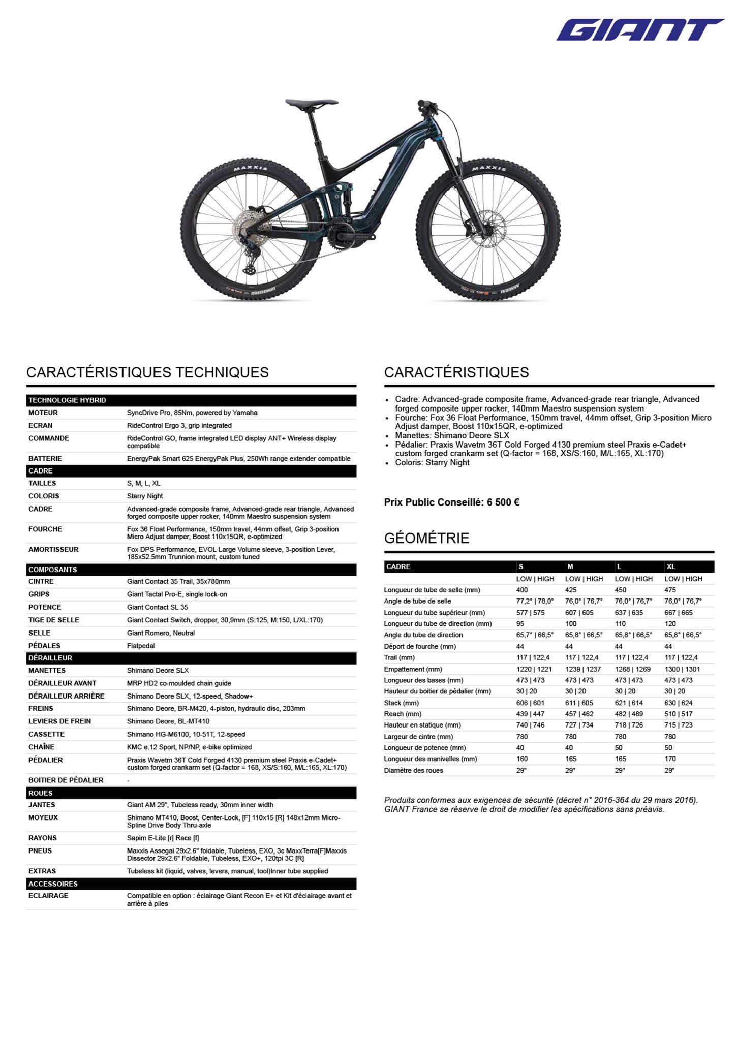 Fiche technique du velo  Trance X Advanced E+ 2